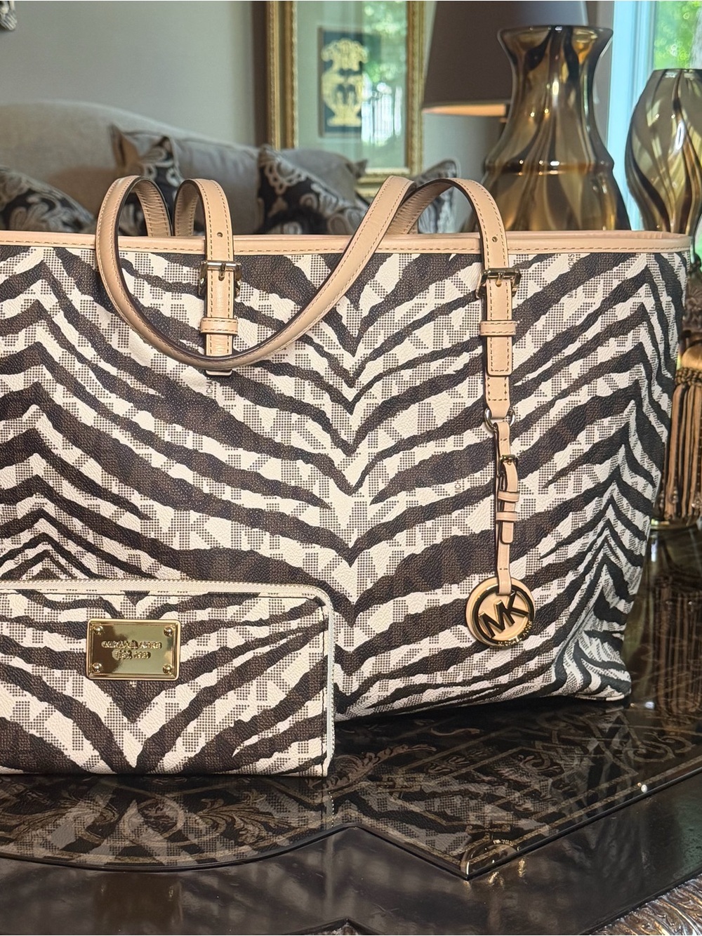 Michael Kors Black and Cream Zebra-Print Tote with MK Charm